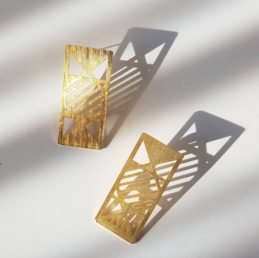 Golden Stripes Rectangular Earrings Pair - Architecture Inspired