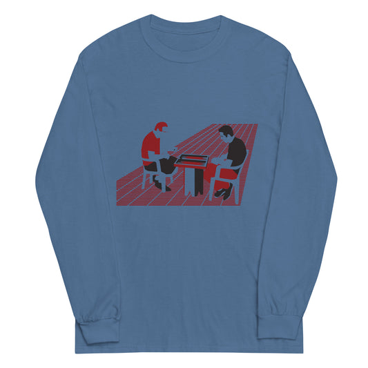 Backgammon Players Tee - Menâs Long Sleeve Shirt - Tawleh, Tavla playing on sidewalk, blue green white grey colors