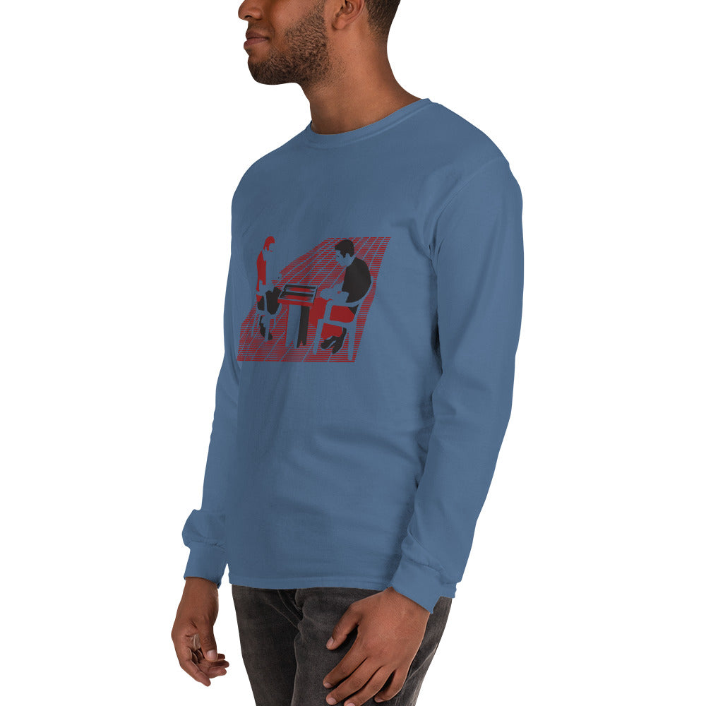 Backgammon Players Tee - Men’s Long Sleeve Shirt - Tawleh, Tavla playing on sidewalk, blue green white grey colors