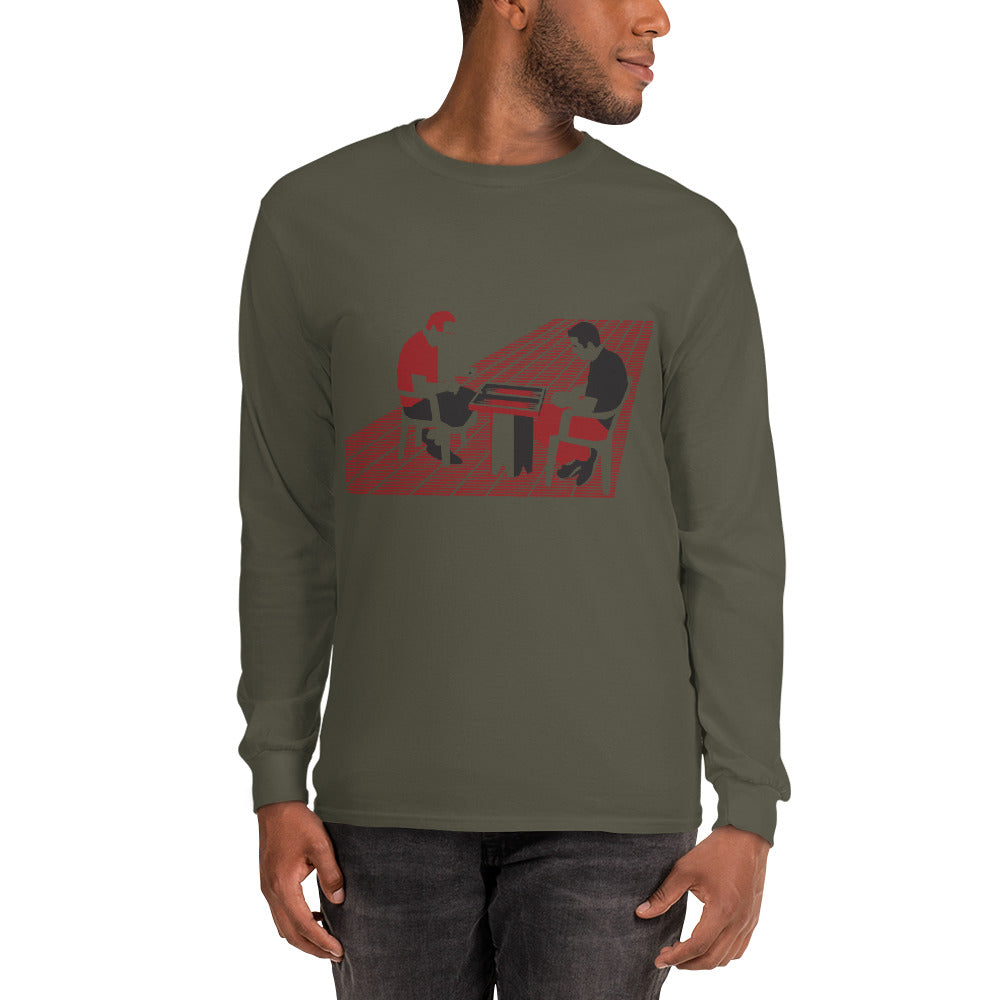 Backgammon Players Tee - Men’s Long Sleeve Shirt - Tawleh, Tavla playing on sidewalk, blue green white grey colors