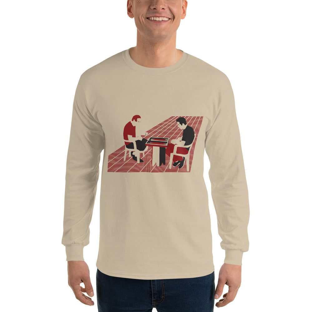 Backgammon Players Tee - Men’s Long Sleeve Shirt - Tawleh, Tavla playing on sidewalk, blue green white grey colors