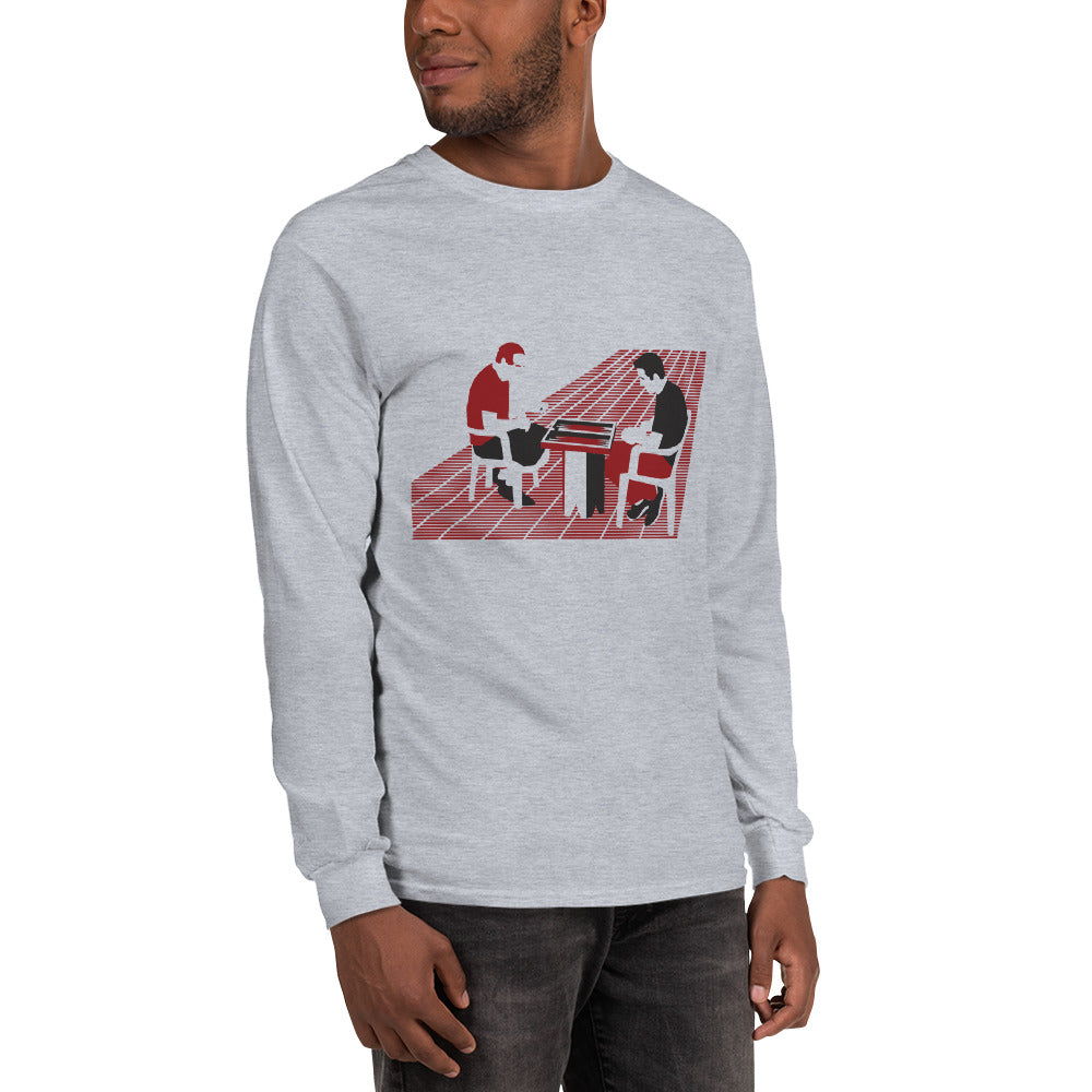 Backgammon Players Tee - Men’s Long Sleeve Shirt - Tawleh, Tavla playing on sidewalk, blue green white grey colors