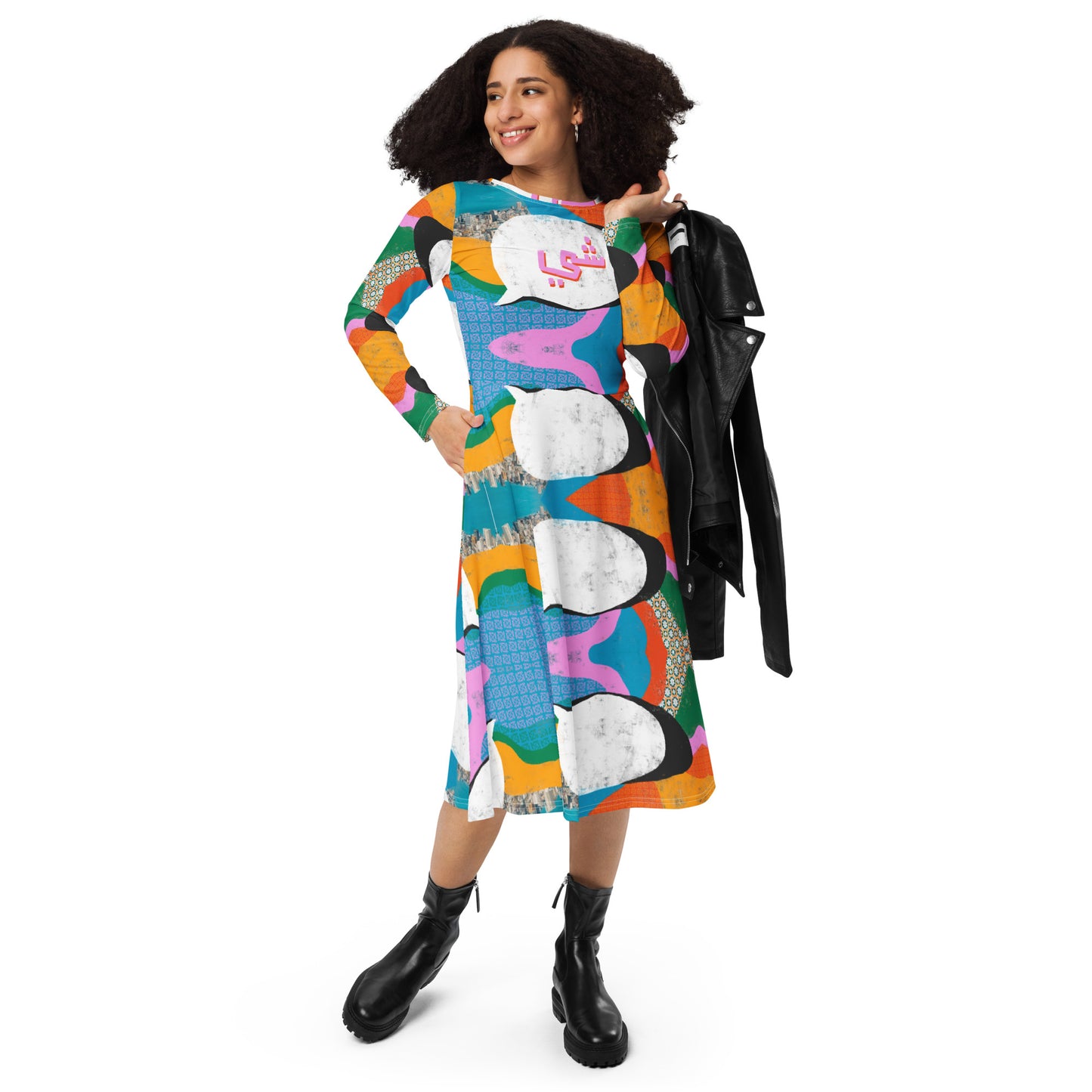 Oul-Shi / Say Something Colorful Print Long Sleeve Midi Dress