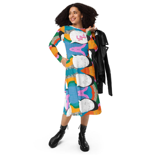 Oul-Shi / Say Something Colorful Print Long Sleeve Midi Dress
