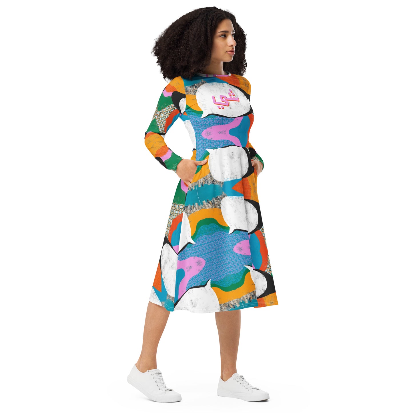 Oul-Shi / Say Something Colorful Print Long Sleeve Midi Dress